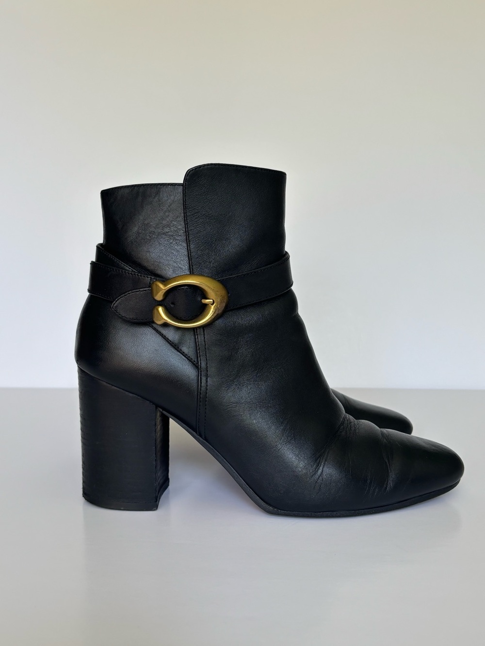 Coach Delaney Black Heeled Leather Boots (Size 38.5 / US 8B)